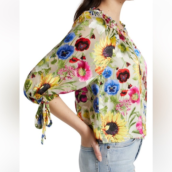 ALICE + OLIVIA Sunday Stroll Floral Off Shoulder Velvet Silk Blouse - Picture 2 of 12